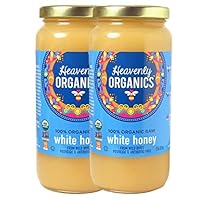 Heavenly Organics 100% Organic Raw White Honey 2 Pack - Size 22 OZ/Jar Lightly Filtered to Preserve Vitamins, Minerals and Enzymes; Made from Wild Beehives & Free Range Bees, Dairy, Nut, Gluten Free, Kosher, Chemical , Antibiotic and Glyphosate free
