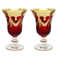 Italy Ruby Red Crystal Wine Goblets Vintage Design 24K Gold Hand Decorated, 10 oz, Set of 2