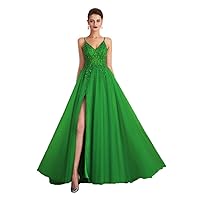 Women's Sleeveless V Neck Evening Dresses A-line Tulle Backless Ball Gown Fluorescent Green