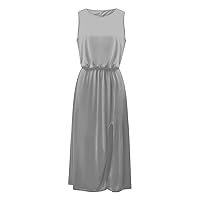 Women's Summer Dress Ladies Women Round Neck Sleeveless Tummy Dress Bohi Sleeveless Side Slit Maxi Dress(Grey,4X-Large)