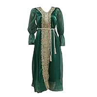 Long Lantern Sleeve Belted Dress for Women V-Neck Casual Loose Dress Elegant Embroidery Long Robe