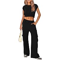 Pink Queen Womens 2 Piece Outfits Sweatsuits Sets Cap Sleeve Crop Tops Wide Leg Cargo Pants with Pockets