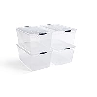 Rubbermaid Roughneck Clear 95 Qt/23.75 Gal Storage Containers, Pack of 4  with Latching Grey Lids, Visible Base, Sturdy and Stackable, Great for