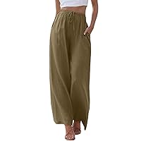 SNKSDGM Women Linen Palazzo Pants Summer Ruched Wide Leg High Elastic Waisted Casual Lightweight Pant Trousers with Pocket