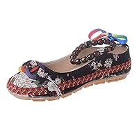 Women's Beading Round Toe Floral Embroidered Shoes Women Lace Up Colorful Casual Ballet Flats Shoes