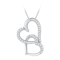 10K White Gold Diamond Linked Double Heart Necklace Pendant 1/10 Ctw.