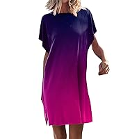 Womens Trendy Gradient Batwing Short Sleeve T-Shirt Dress Summer Casual Elegant Crewneck Beach Swing Mini Dresses