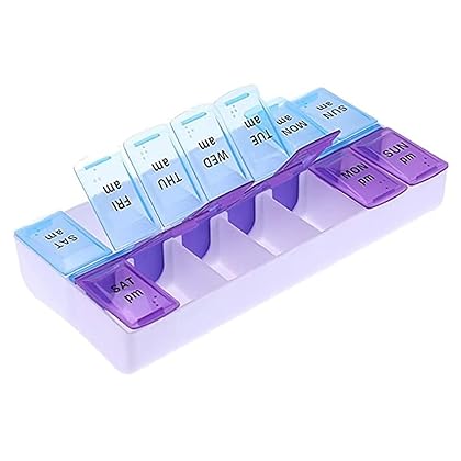 Weekly Pill Organizer 2 Times A Day 7 Day Pill Box Holder Large Daily Medicine Organizer Travel Pill Case Pill Container (2 Times Blue+Purple)