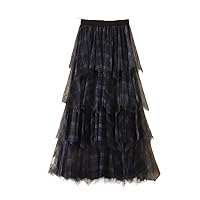 Vintage Plaid Long Tulle Skirt for Women Irregular A Line High Waist Pleated Tiered Mesh Skirt Female