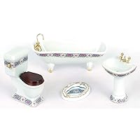 Melody Jane Dollhouse White Bathroom Suite with Gold Pink Edging Porcelain Furniture Set