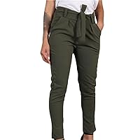 Maiyifu-GJ Women's High Waist Belted Pencil Pants Casual Slim Fit Self Tie Office Trouser Solid Color Comfy Stretchy Pant
