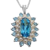 Ladies Solid 925 Sterling Silver Natural Large Blue Topaz & Cultured Pearl Cluster Pendant Necklace