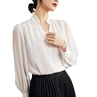 Spring Women's French Silk Blouse - Black Silk Shirt with Long Sleeves, Office Lady Style Top