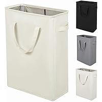 ZERO JET LAG Slim Laundry Hamper With Handles Collapsible Small Laundry Basket Thin Dirty Clothes Basket Narrow Laundry Bag Foldable Dirty Cloth Hamper 45L (22 inches,Beige)