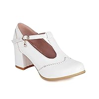 Women's Classic T-Strap Pumps PU Leather Round Toe Chunky Block Heel Retro Vintage Dress Oxford Shoes