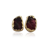 Attractive Red Garnet Gemstone Brass Gold Plated Collet Setting Lightweight Rough Stone Stud Earrings Jewelry.