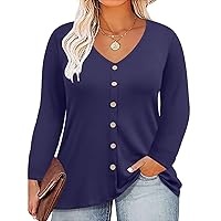 RITERA Plus Size Tops for Women Long Sleeve Button Down V Neck Shirts Loose Soild Blouses Navy Blue Plus Fall Tops 4XL 26W