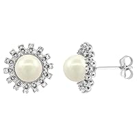 14k White Gold Diamond Halo and Freshwater Pearl Stud Earrings Assorted Colors Round 8mm 1/2 inch wide