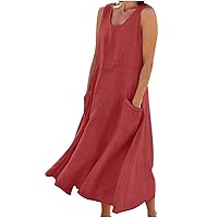 Lightning Deals of Today Prime Summer Dresses for Women 2024 Vacation Trendy Cotton Linen Beach Sundress with Pockets Casual Sleeveless Flowy Dress