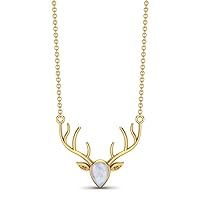 MOONEYE 0.75 Cts Moonstone Gemstone 925 Sterling Silver Realistic Stag Head Face Chain Necklace Animal Charm Pendant Necklace (18 Inch Chain)