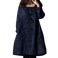 Women Daily Casual Floral Patchwork Cotton Linen Loose Solid Boho Mini Dress Summer Plus Applique (XL, Navy)