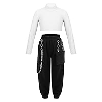 Girls 2Pcs Dance Outfits Long Sleeve Solid Color Hip Hop Jazz Dance Crop Top and Cargo Pants Casual Tracksuit Sweatsuit