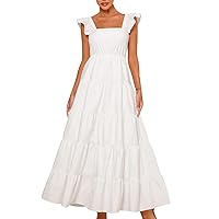 Ruffle Strap Sleeveless Maxi Dresses for Women Square Neck Pleated Flowy Tiered A Line Swing Dress Summer Casual Dress