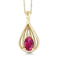 Gem Stone King 10K Yellow Gold Red Created Ruby and White Diamond Teardrop Pendant Necklace For Women (0.50 Cttw, Gemstone July Birthstone, Oval 6X4MM, with 18 Inch Chain)