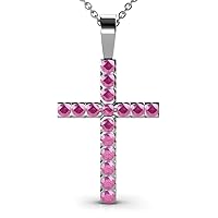 Pink Sapphire Cross Pendant 0.88 ctw 14K Gold. Included 16 Inches 14K Gold Chain.
