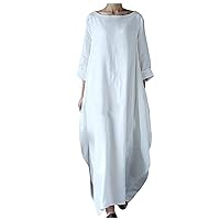 Plus Size Women Cotton Linen 3/4 Sleeve Baggy Kaftan Dress Summer Crewneck Trendy Casual Oversized Shirt Dresses