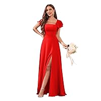 Women's Chiffon Short Sleeve Bridesmaid Dresses with Slit A Line Square Neck Long Evening Formal Gowns for Wedding