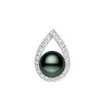 14K White Gold AAAA Quality Black Tahitian Cultured Pearl Pendant for Women with Diamonds (9-9.5mm) - PremiumPearl