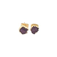 Guntaas Gems Raw Ruby Gemstone Brass Gold Plated July Birthstone Fashionable Stud Earrings For Women Girls GIft For/Her