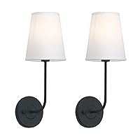 Pathson Set of 2 Industrial Wall Sconces Lighting White Fabric Shade, Vintage Bathroom Wall Light Fixtures Decor for Bedroom Living Room(Black)