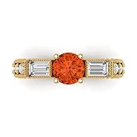 2.35ct Round Baguette Cut 3 stone Solitaire Red Simulated Diamond designer Modern Statement with accent Ring 14k Yellow Gold