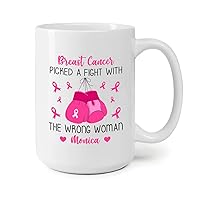 Breast Cancer Picked A Fight With The Wrong Woman Mug, Personalized Cancer Name Mug, Cancer Awareness Mug, Customized Cancer Bibbon Mug, Cancer Survivor Mug Gifts, Warrior Cancer Mugs 11oz 15oz