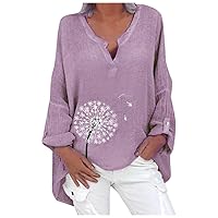 Women Summer Cotton Linen T Shirts V Neck Blouse Loose Floral Print Baggy Tops Plus Size
