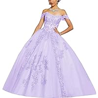 Women's Off Shooulder Lace Applique Quinceanera Dress Tulle Ball Gowns