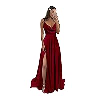 Women's Satin Bridesmaid Dresses with Slit Spaghetti Strap Formal Dress A Line Prom Evening Gown with Pockets IIF030