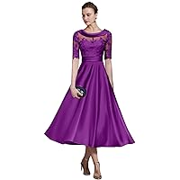 Tea Length Mother of The Bride Dresses with Half Sleeve Lace Appliques Satin Bridesmaid Dresses Evening Formal Gown