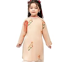 Vietnamese Traditional Ao Dai Set for Children, Embroidered Silk Material, 1 Set Includes Ao Dai and Pants