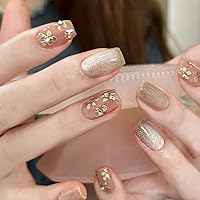 LANOVA Jelly Pink Middle Coffin Nail with Golden Flower Rhinestone Design,Champagne Shimmer Cat Eye Press on Nails for Women, Silver Glitter 10pcs Purely Handmade Customized Size dz027-M