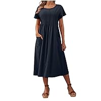 Women's Summer Short Sleeve Round Neck Midi Dress Shirred Front Casual T-Shirt Dressa A-Line Flowy Dress with Pocket