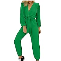 Womens 2023 Fall Jumpsuit Dressy Lace Up High Waist Long Rompers Sexy Casual V Neck Pants Trendy Onesie Tracksuit