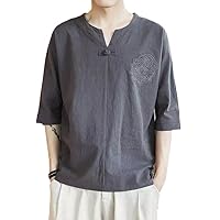 Men Linen Shirt Chinese Style Retro V-Neck Tops Summer Embroidery Traditional Asian Tang Suit Tops for Man