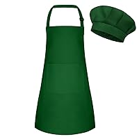 Kids Apron and Chef Hat Set Adjustable Child Art Aprons with 2 Pockets Toddler Chef Hat and Apron for Cooking Baking Painting (Dark Green)