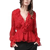 Sailor Collar Lace Blouses Shirts Hollow Out Long Sleeve Ruffles Tops Elastic High Waist Slim Ladies