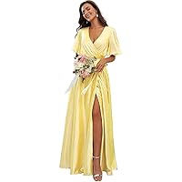 Women's Wrap Satin Bridesmaid Dresses Short Sleeves V-Neck Formal Wedding Party Dress with Slit R012