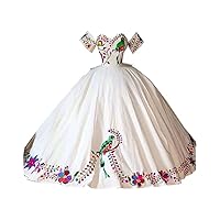 Sweetheart Bird Flowers Embroidery Big Bows at Back Corset A line Princess Satin Wedding Quinceanera Dress Mexican White 12