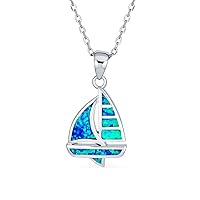 Bling Jewelry Gemstone Nautical Boat Summer Caribbean Vacation Ship Sailor Created Blue Opal Sailboat Necklace Pendant For Women Teen .925 Sterling Silver